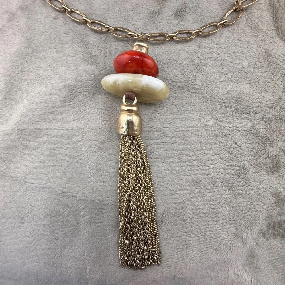 Chico’s Necklace Gold Tone Tassel Signed 36”